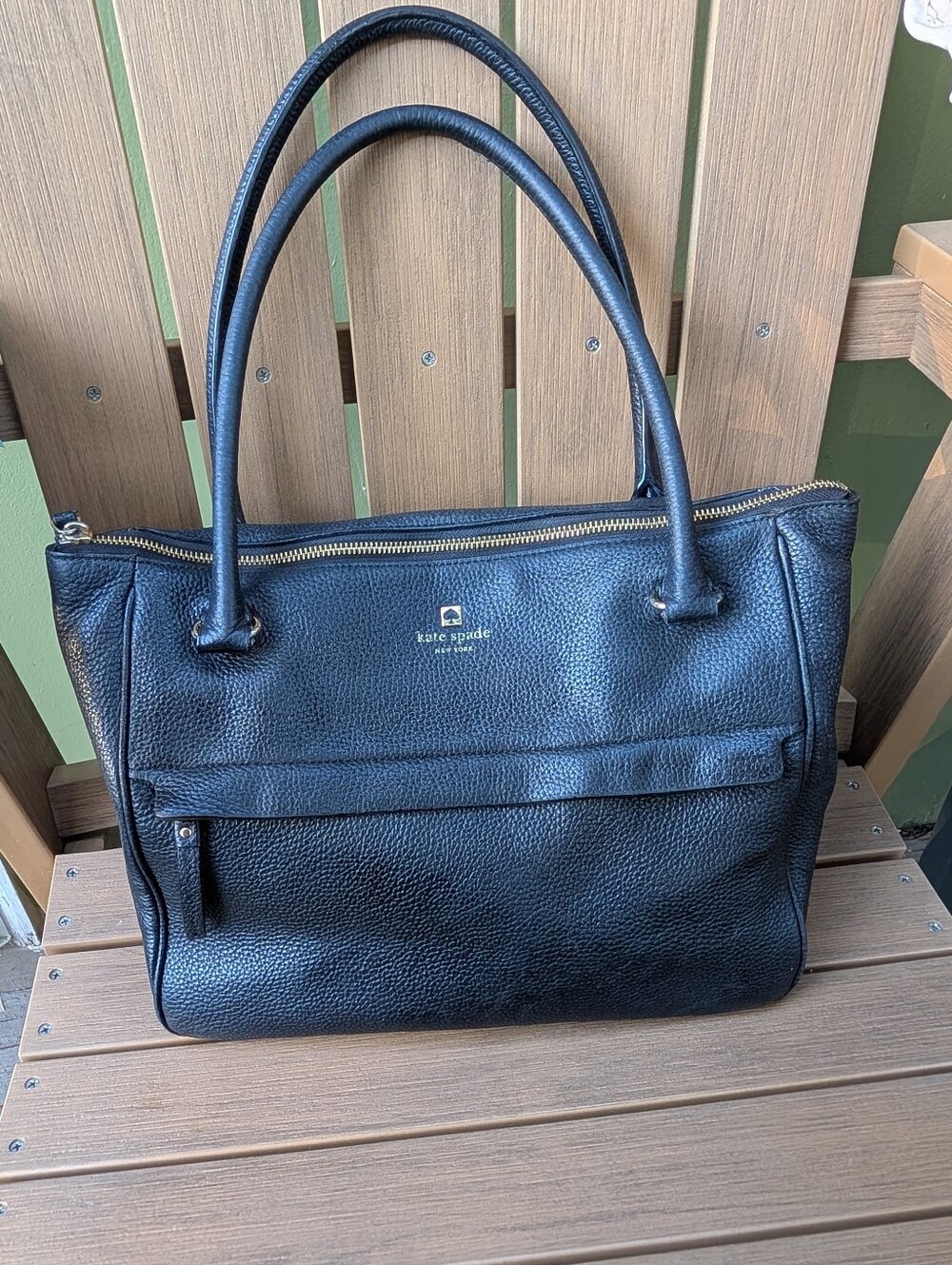 Kate Spade black pebbled leather tote with gold hardware